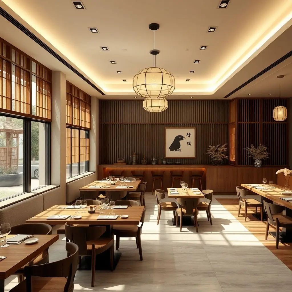 Salão de restaurante com mesas postas e luz natural
